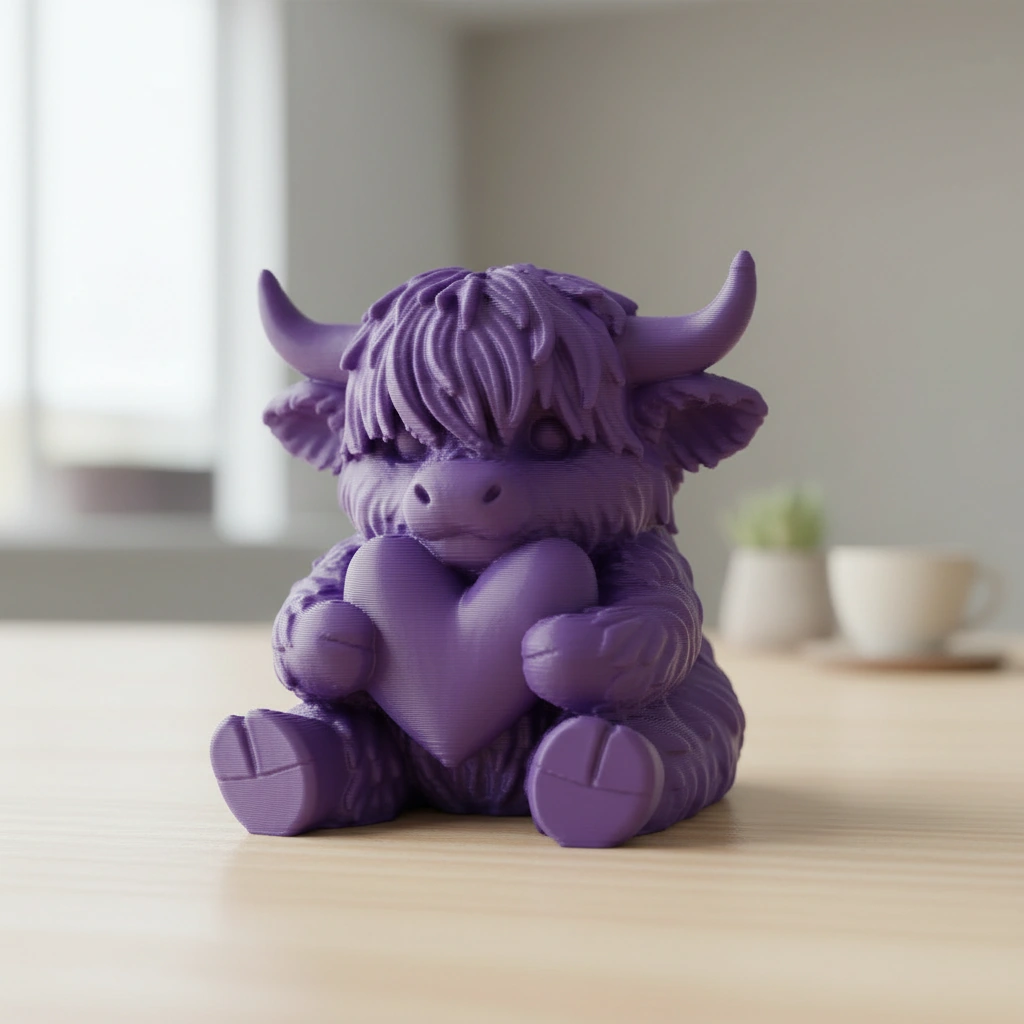 Figurină Decorativă Vițeluș Highland cu Inimă, Simbol Afecțiune - culoare Mov, imprimare 3D Vibecraft