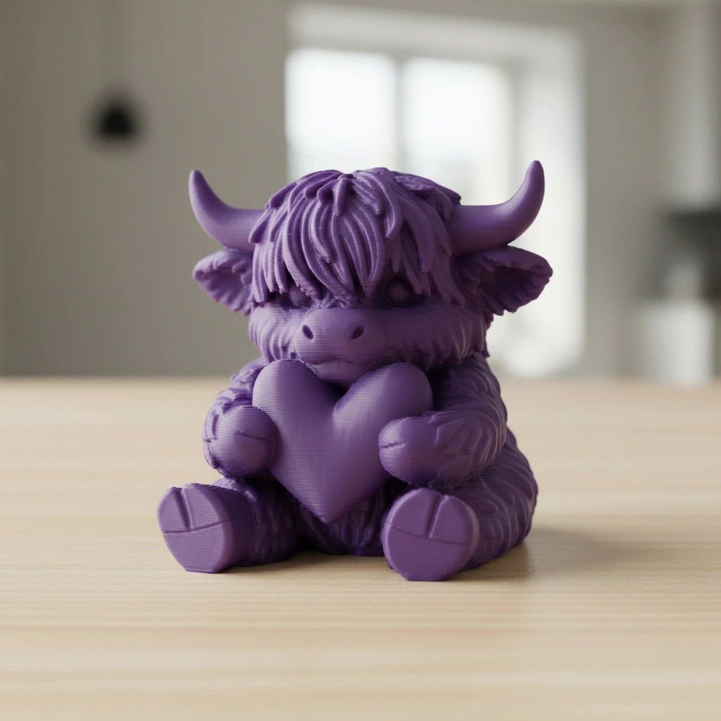 Figurină Decorativă Vițeluș Highland cu Inimă, Simbol Afecțiune - culoare Mov, imprimare 3D Vibecraft