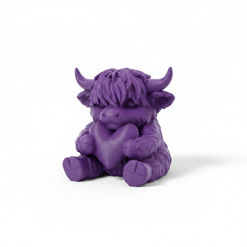 Figurină Decorativă Vițeluș Highland cu Inimă, Simbol Afecțiune - culoare Mov, imprimare 3D Vibecraft