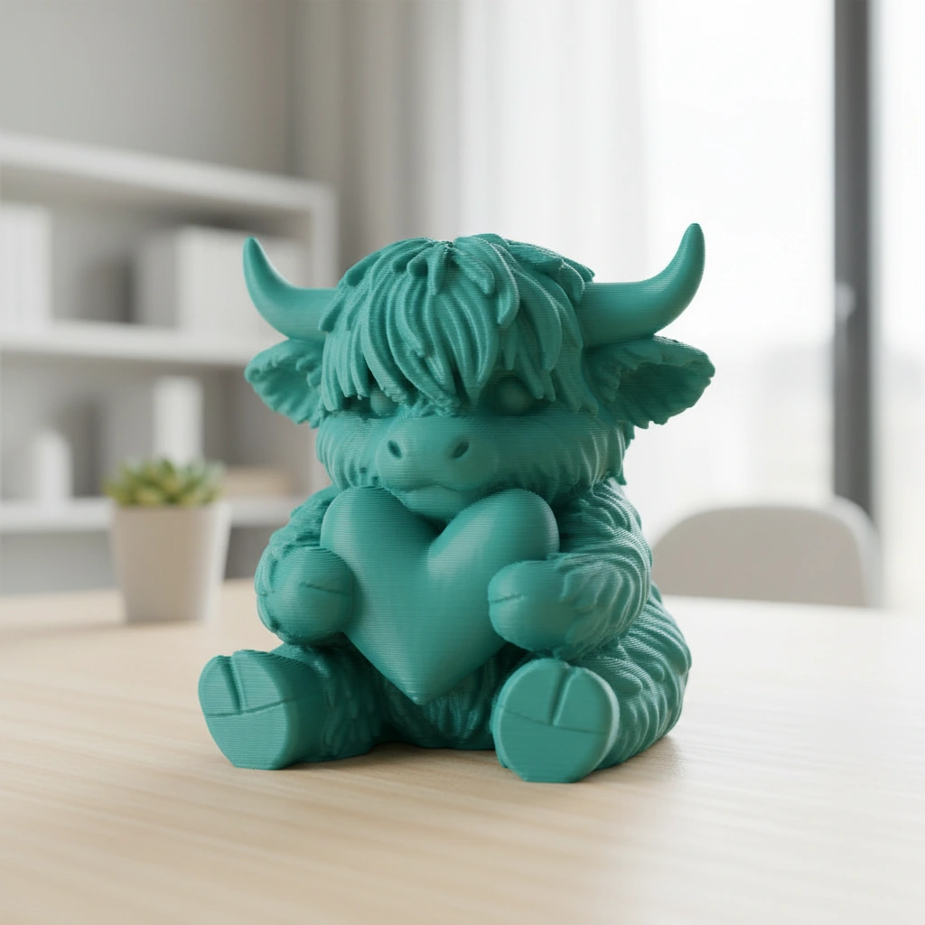Figurină Decorativă Vițeluș Highland cu Inimă, Simbol Afecțiune - culoare Albastru verzui, imprimare 3D Vibecraft