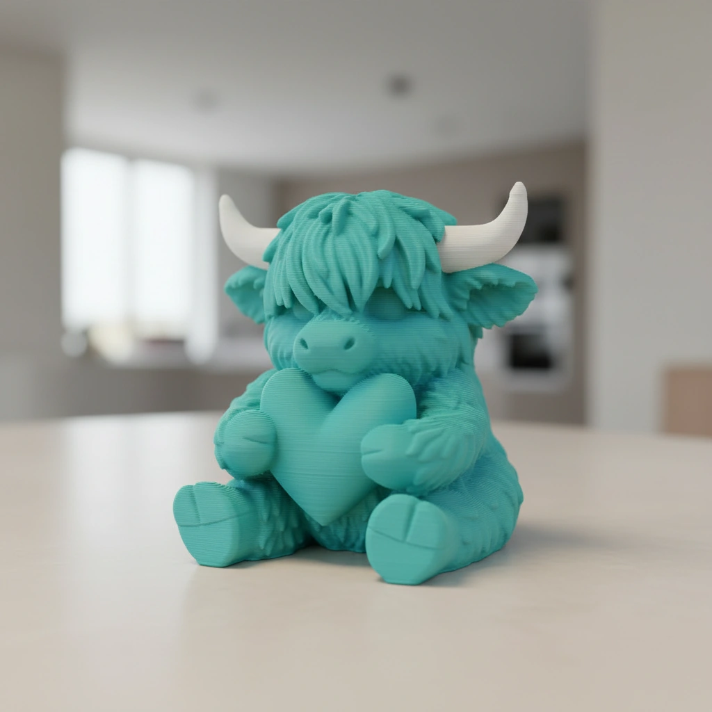 Figurină Decorativă Vițeluș Highland cu Inimă, Simbol Afecțiune - culoare Albastru verzui, imprimare 3D Vibecraft