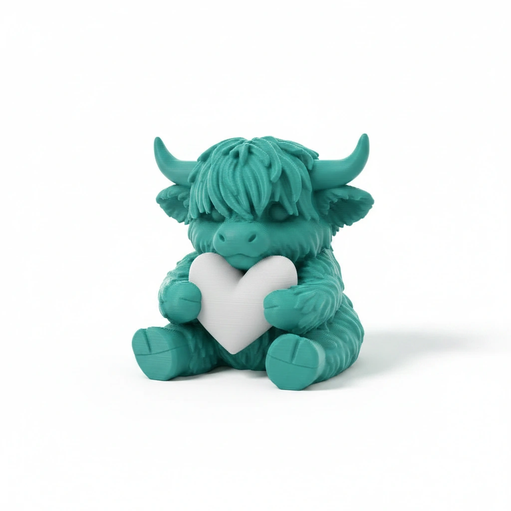 Figurină Decorativă Vițeluș Highland cu Inimă, Simbol Afecțiune - culoare Albastru verzui, imprimare 3D Vibecraft
