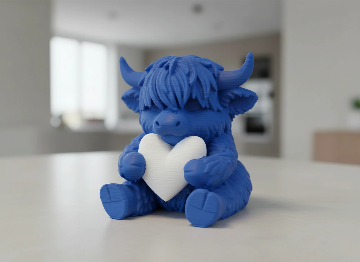 Figurină Decorativă Vițeluș Highland cu Inimă, Simbol Afecțiune - culoare vibecraft Figurină Decorativă Vițeluș Highland cu Inimă, Simbol Afecțiune blue scene, produs imprimat 3D Vibecraft