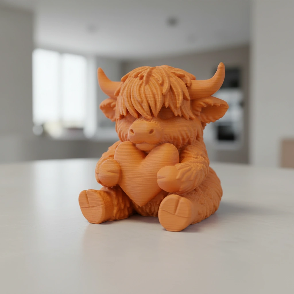 Figurină Decorativă Vițeluș Highland cu Inimă, Simbol Afecțiune - culoare vibecraft Figurină Decorativă Vițeluș Highland cu Inimă, Simbol Afecțiune cf orange scene, produs imprimat 3D Vibecraft