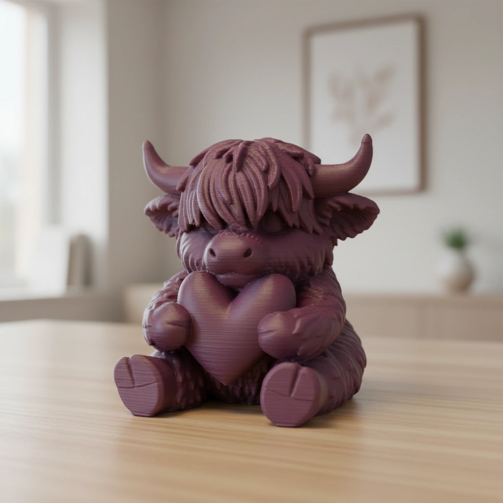 Figurină Decorativă Vițeluș Highland cu Inimă, Simbol Afecțiune - culoare vibecraft Figurină Decorativă Vițeluș Highland cu Inimă, Simbol Afecțiune cf purple red lifestyle, produs imprimat 3D Vibecraft