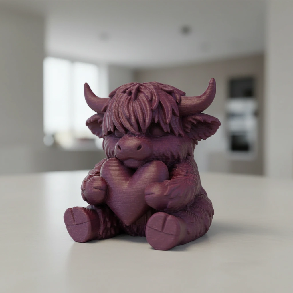 Figurină Decorativă Vițeluș Highland cu Inimă, Simbol Afecțiune - culoare vibecraft Figurină Decorativă Vițeluș Highland cu Inimă, Simbol Afecțiune cf purple red scene, produs imprimat 3D Vibecraft