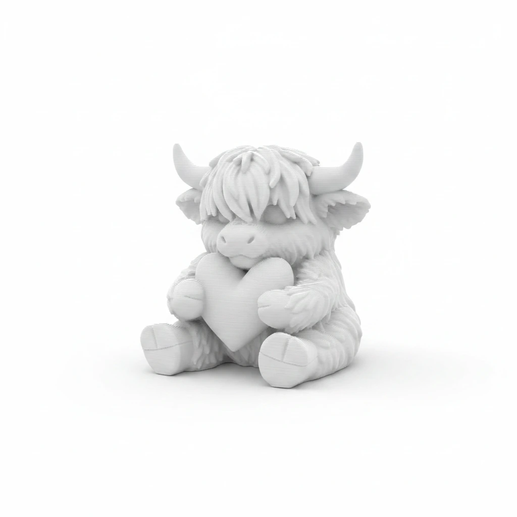 Figurină Decorativă Vițeluș Highland cu Inimă, Simbol Afecțiune - culoare white studio, produs imprimat 3D Vibecraft
