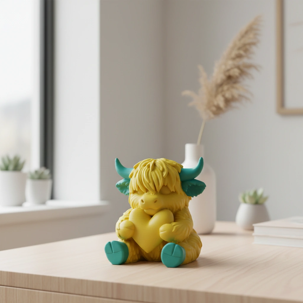 Figurină Decorativă Vițeluș Highland cu Inimă, Simbol Afecțiune - culoare Galben, imprimare 3D Vibecraft