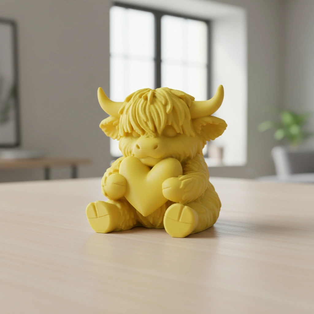 Figurină Decorativă Vițeluș Highland cu Inimă, Simbol Afecțiune - culoare Galben, imprimare 3D Vibecraft