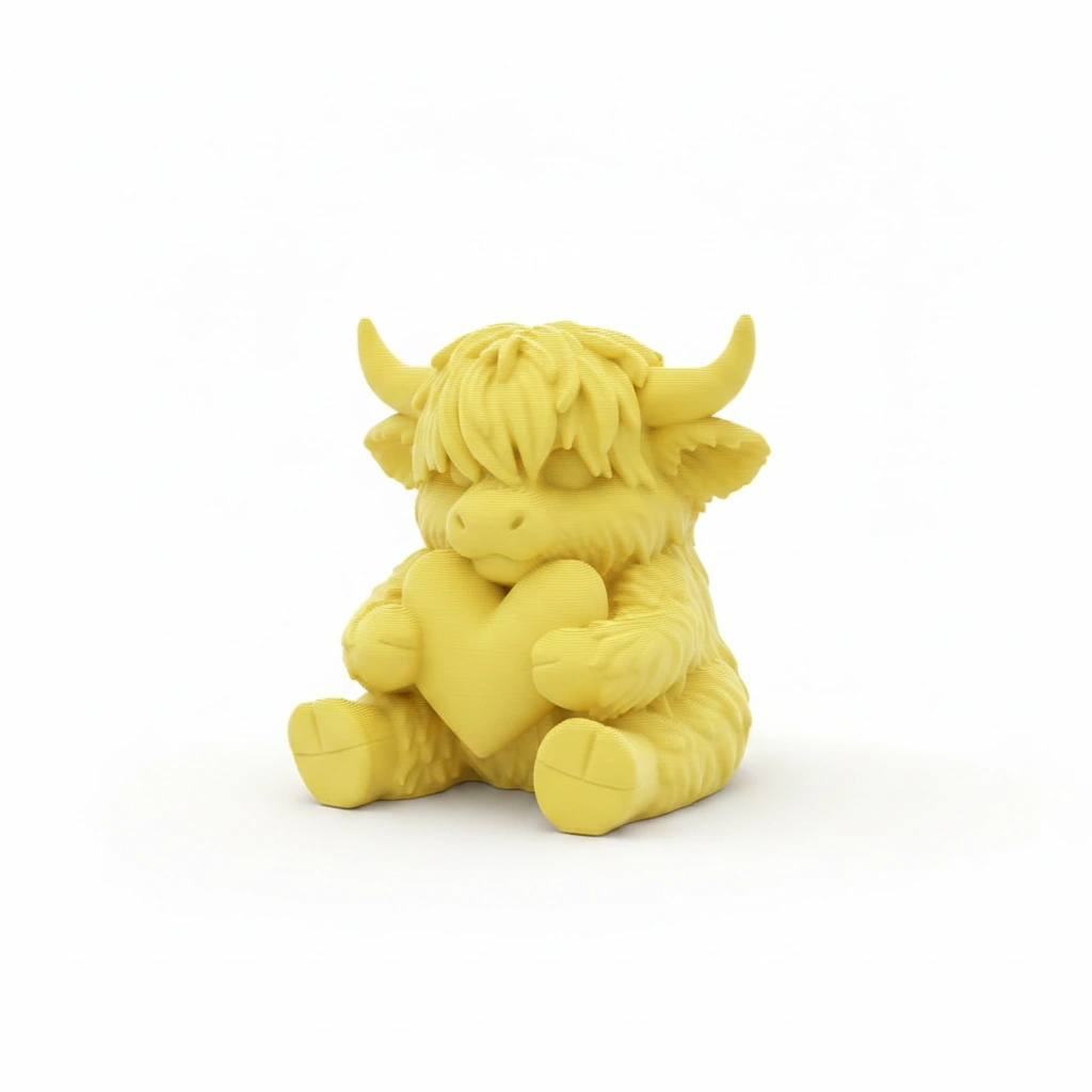 Figurină Decorativă Vițeluș Highland cu Inimă, Simbol Afecțiune - culoare Galben, imprimare 3D Vibecraft