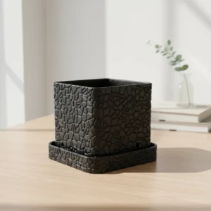 Ghiveci decorativ cu design modern și tăviță, Imprimare 3D - Negru compozit fibra de carbon, imprimare 3D Vibecraft