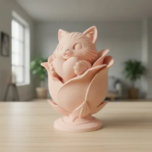Figurină Decorativă Pisică în Floare cu Inimă – Obiect de Colecție Unic - culoare Skin / Piersică mat, imprimare 3D Vibecraft