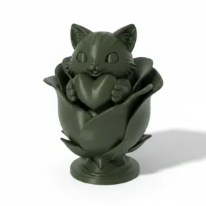 Figurină Decorativă Pisică în Floare cu Inimă – Obiect de Colecție Unic - culoare vibecraft Figurină Decorativă Pisică în Floare cu Inimă – Obiect de Colecț cf olive green studio, produs imprimat 3D Vibecraft