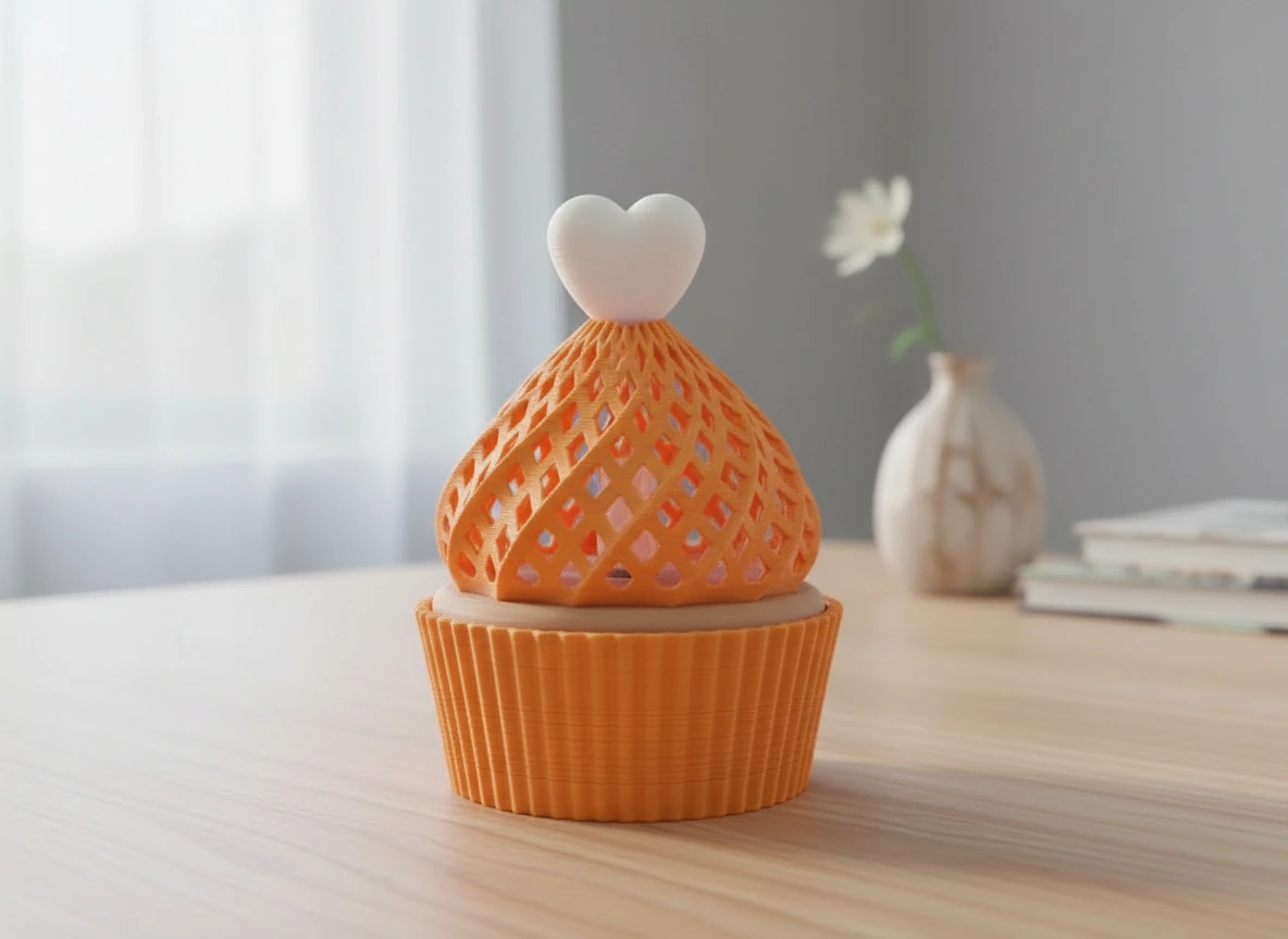 Suport Decorativ pentru Lumânare Electrică Tip Brioșă cu Element Inimă - culoare vibecraft Suport Decorativ pentru Lumânare Electrică Tip Brioșă cu Element orange scene, produs imprimat 3D Vibecraft