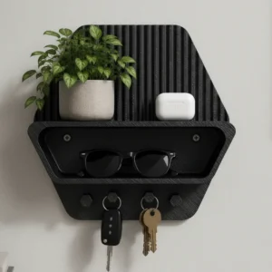Organizator perete cu raft si suport chei pentru hol si birou - culoare black scene, produs imprimat 3D Vibecraft