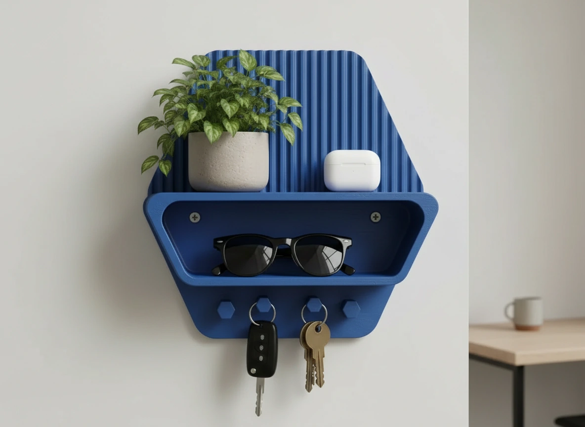 Organizator perete cu raft si suport chei pentru hol si birou - culoare Albastru, imprimare 3D Vibecraft