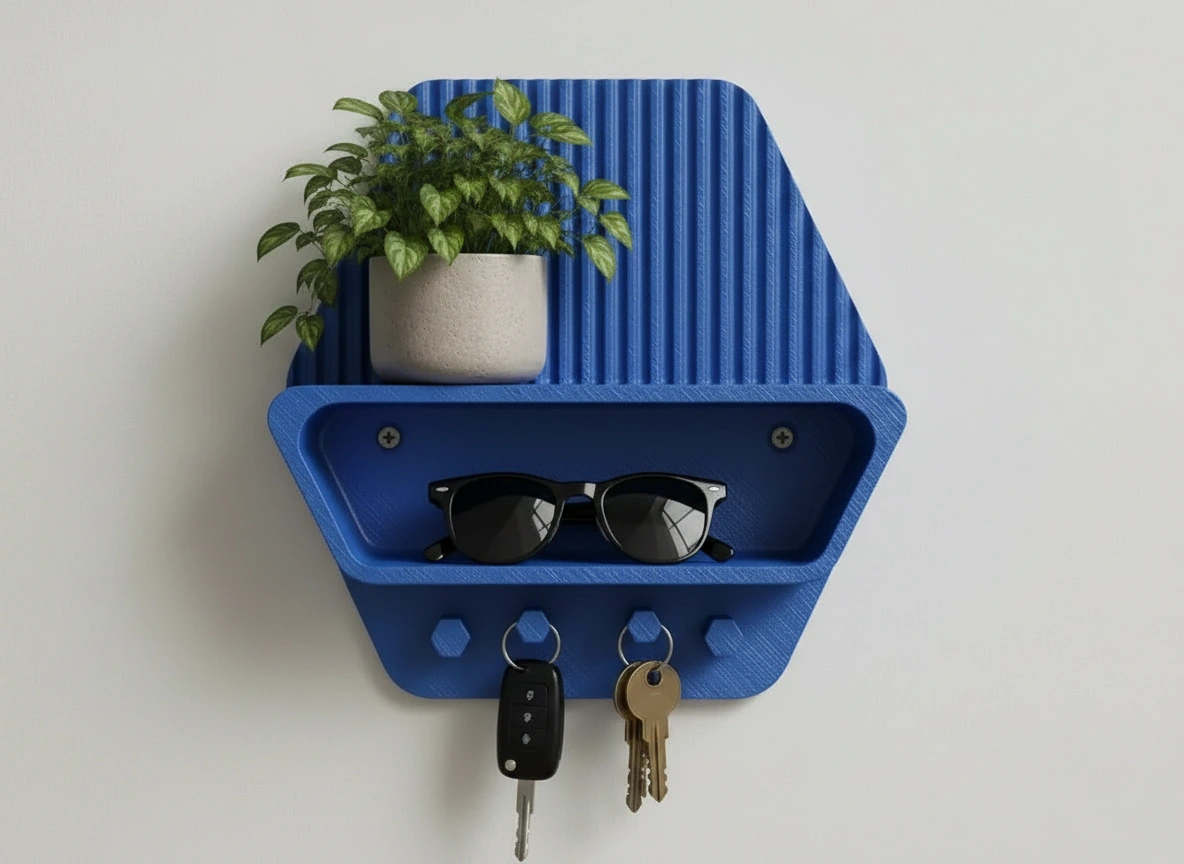 Organizator perete cu raft si suport chei pentru hol si birou - culoare Albastru, imprimare 3D Vibecraft