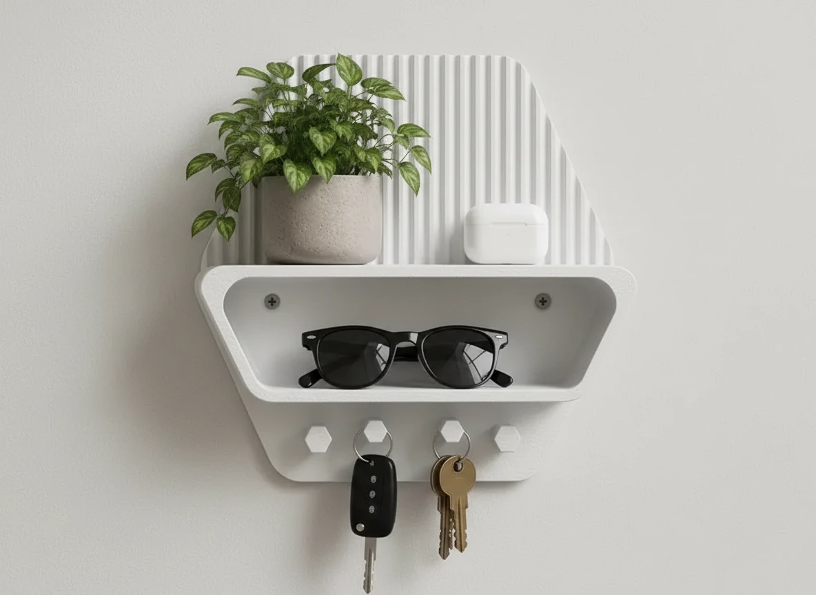 Organizator perete cu raft si suport chei pentru hol si birou - culoare white studio, produs imprimat 3D Vibecraft