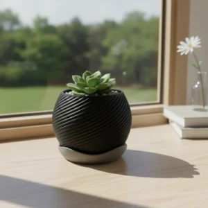 Ghiveci decorativ pentru plante cu tavă inclusă, imprimat 3D - Negru compozit mat, imprimare 3D Vibecraft