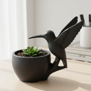 Ghiveci Decorativ cu Pasăre Colibri, Suport pentru Plante mici - Negru compozit mat, imprimare 3D Vibecraft