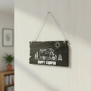 Set decorativ de perete 'Happy Camper' – Tematică călătorii și natură - Negru compozit mat, imprimare 3D Vibecraft