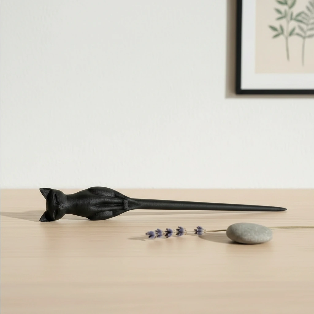 Ac de Păr Decorativ pentru Coc, Design Pisică, Imprimat 3D - Negru compozit mat, imprimare 3D Vibecraft