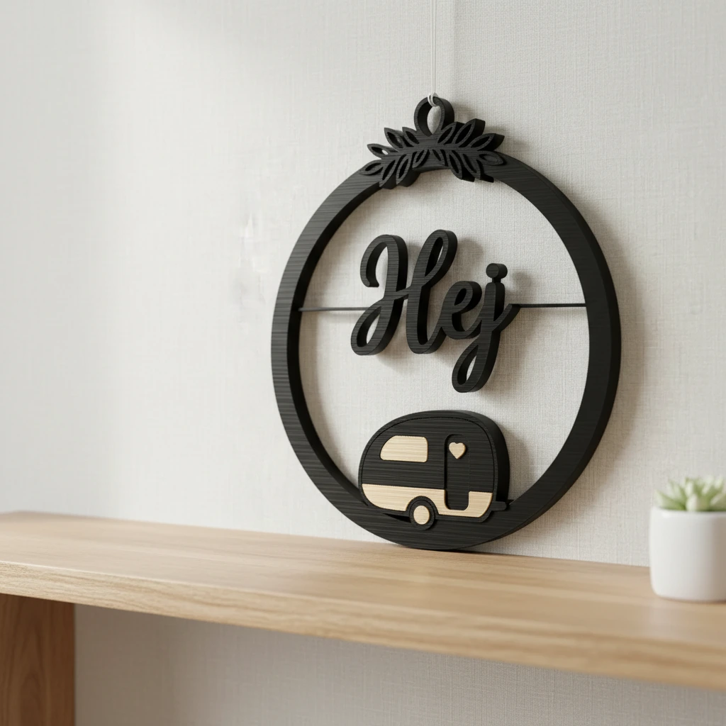 Decor perete Hej cu caravană stilizată și detalii vegetale - culoare Negru, produs imprimat 3D Vibecraft