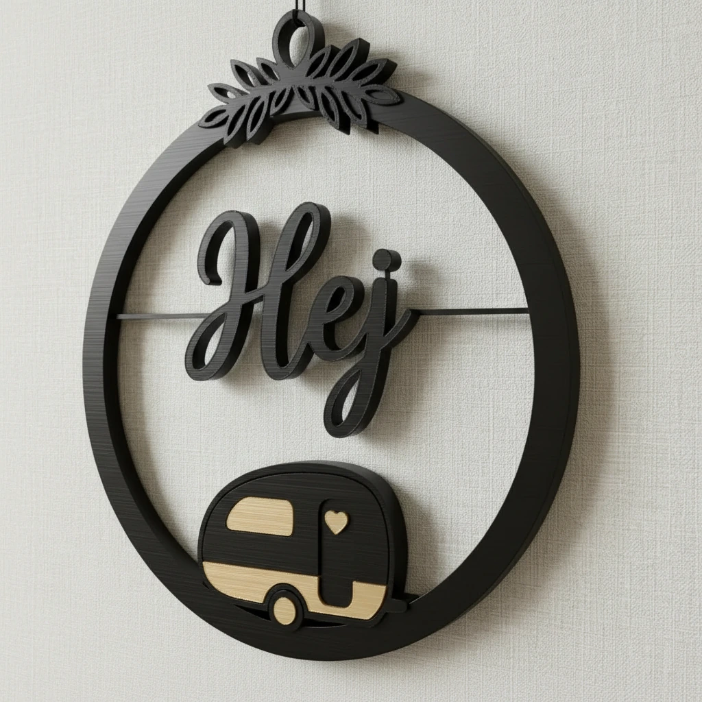 Decor perete Hej cu caravană stilizată și detalii vegetale - culoare Negru, produs imprimat 3D Vibecraft