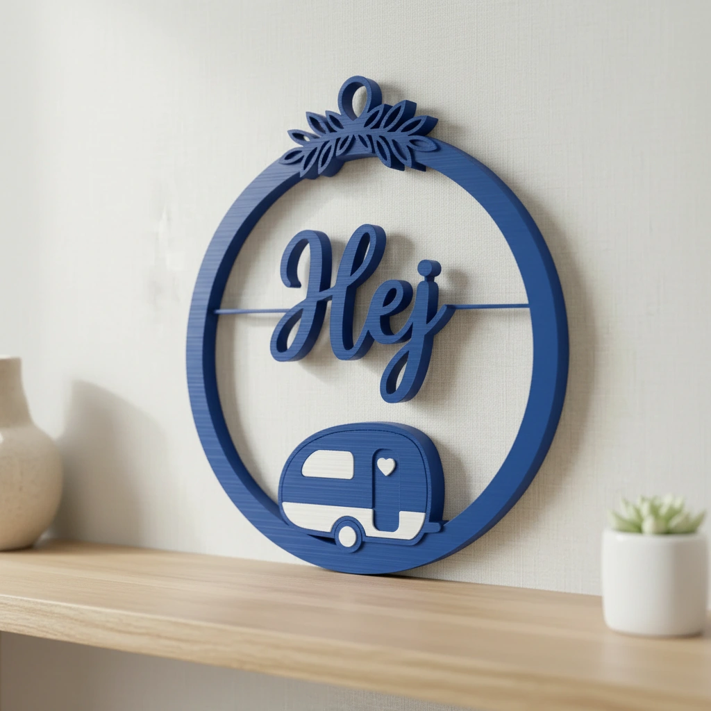 Decor perete Hej cu caravană stilizată și detalii vegetale - culoare Albastru, imprimare 3D Vibecraft