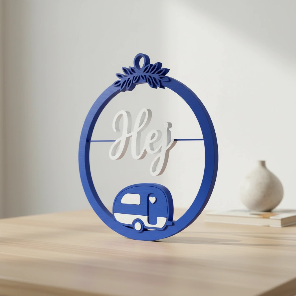 Decor perete Hej cu caravană stilizată și detalii vegetale - culoare Albastru, imprimare 3D Vibecraft