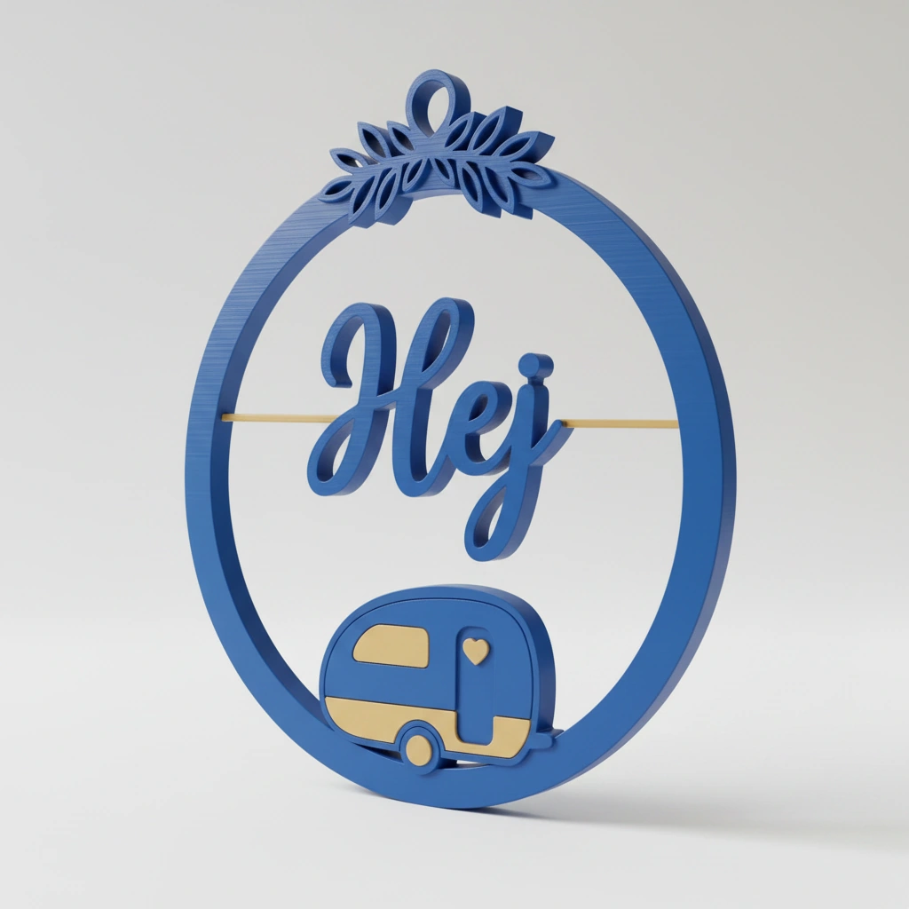 Decor perete Hej cu caravană stilizată și detalii vegetale - culoare Albastru, imprimare 3D Vibecraft