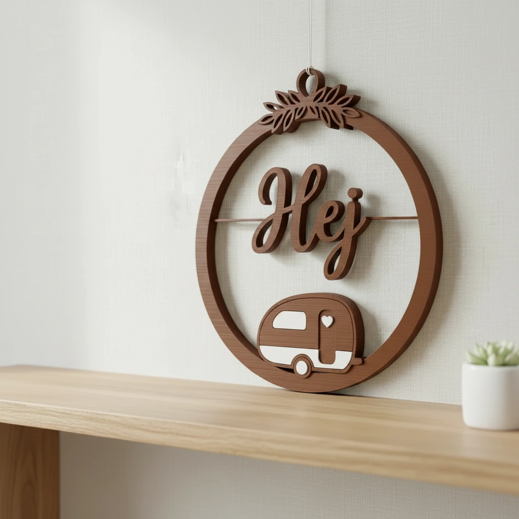 Decor perete Hej cu caravană stilizată și detalii vegetale - culoare Maro, imprimare 3D Vibecraft