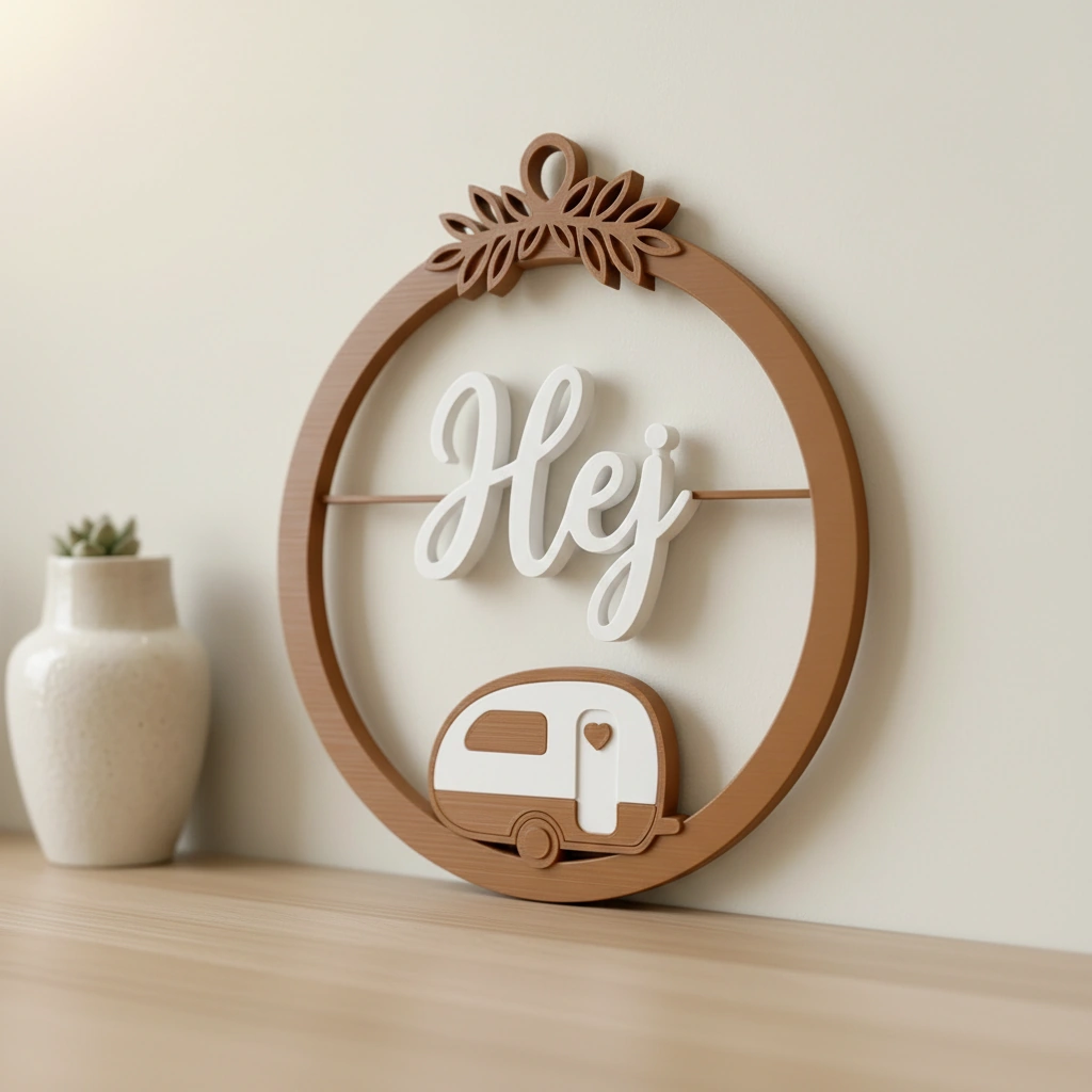Decor perete Hej cu caravană stilizată și detalii vegetale - culoare Maro, imprimare 3D Vibecraft
