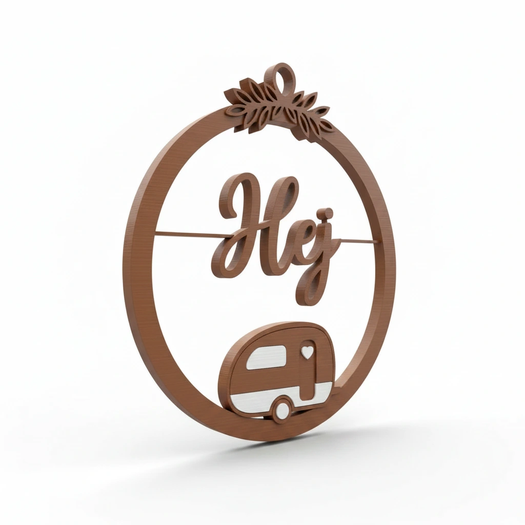 Decor perete Hej cu caravană stilizată și detalii vegetale - culoare Maro, imprimare 3D Vibecraft