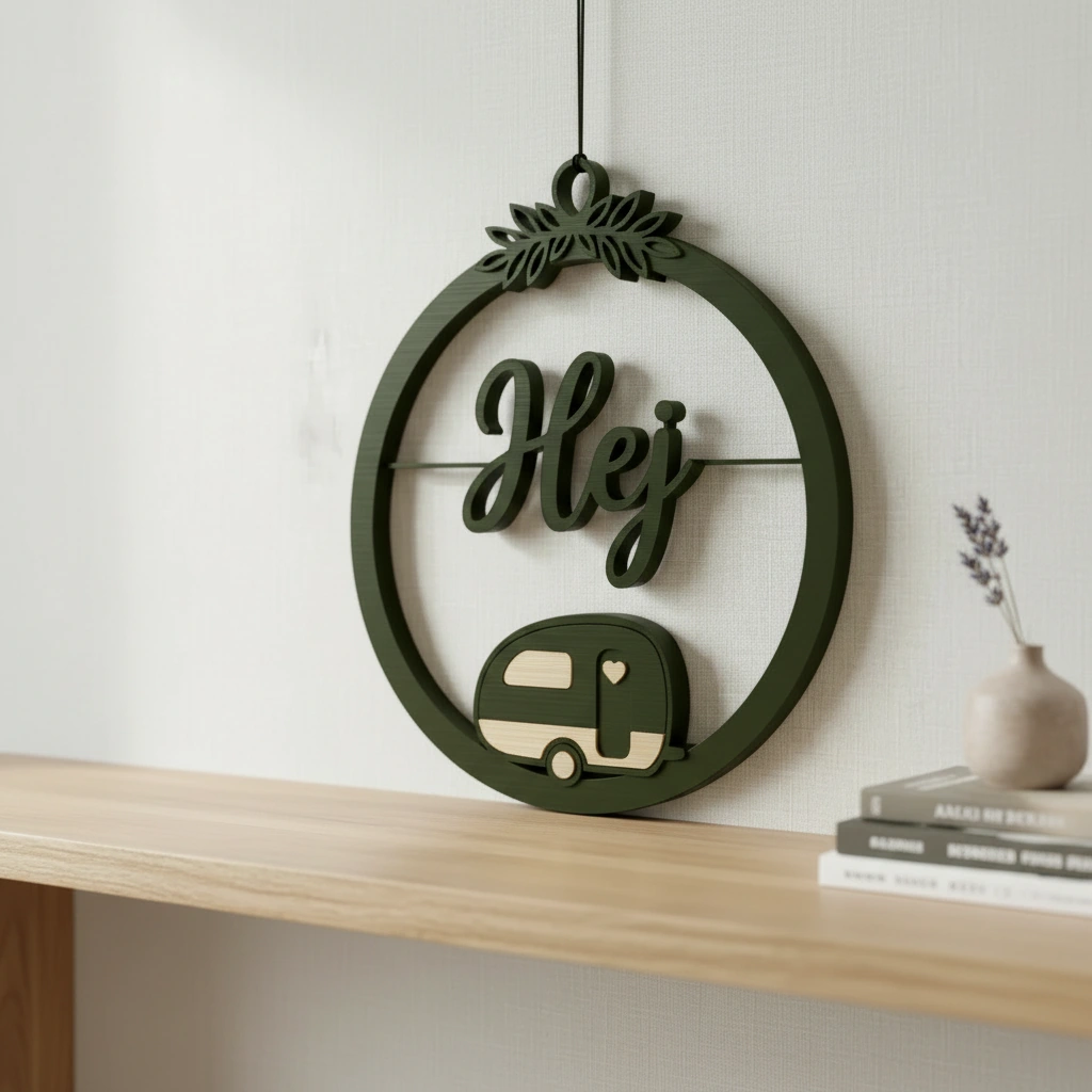 Decor perete Hej cu caravană stilizată și detalii vegetale - Olive green compozit mat, imprimare 3D Vibecraft