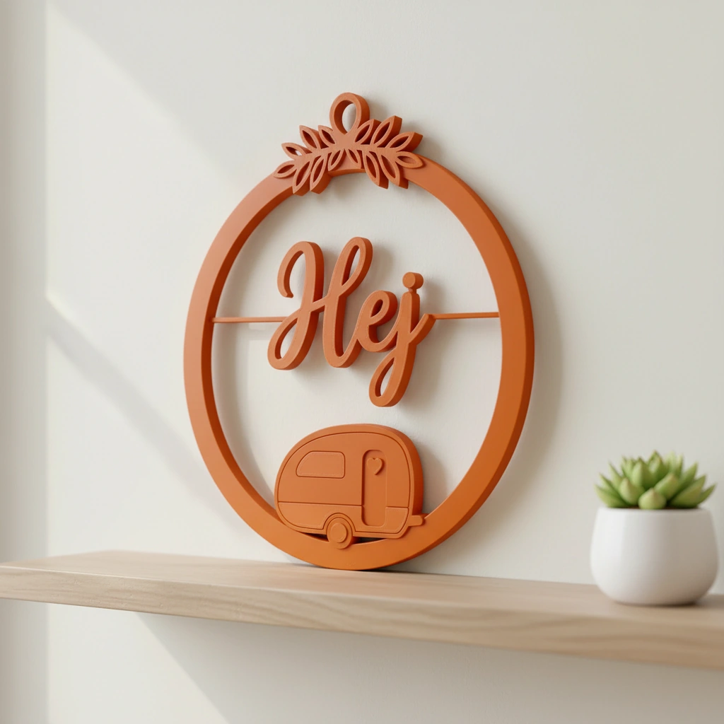 Decor perete Hej cu caravană stilizată și detalii vegetale - Orange compozit mat, imprimare 3D Vibecraft
