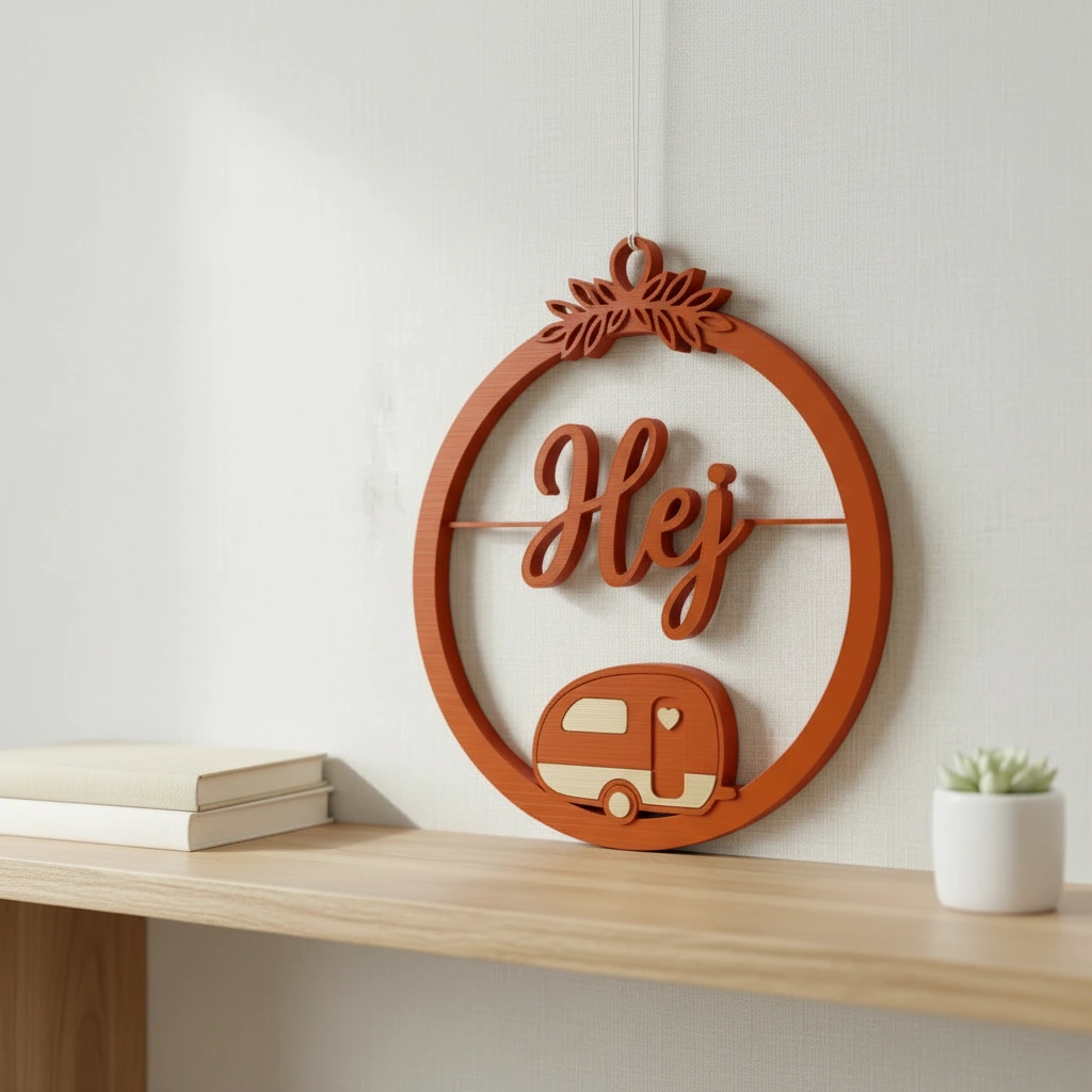 Decor perete Hej cu caravană stilizată și detalii vegetale - Orange compozit mat, imprimare 3D Vibecraft
