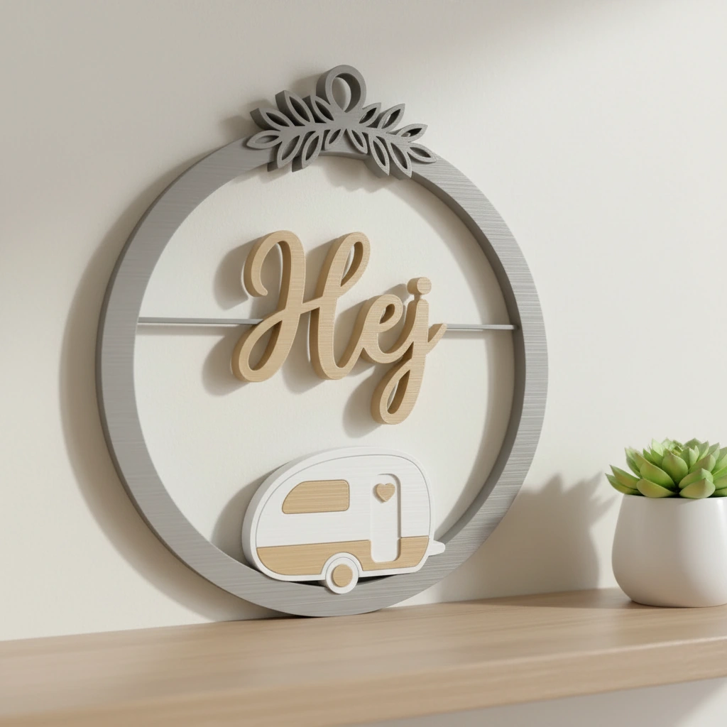 Decor perete Hej cu caravană stilizată și detalii vegetale - culoare Gri, imprimare 3D Vibecraft
