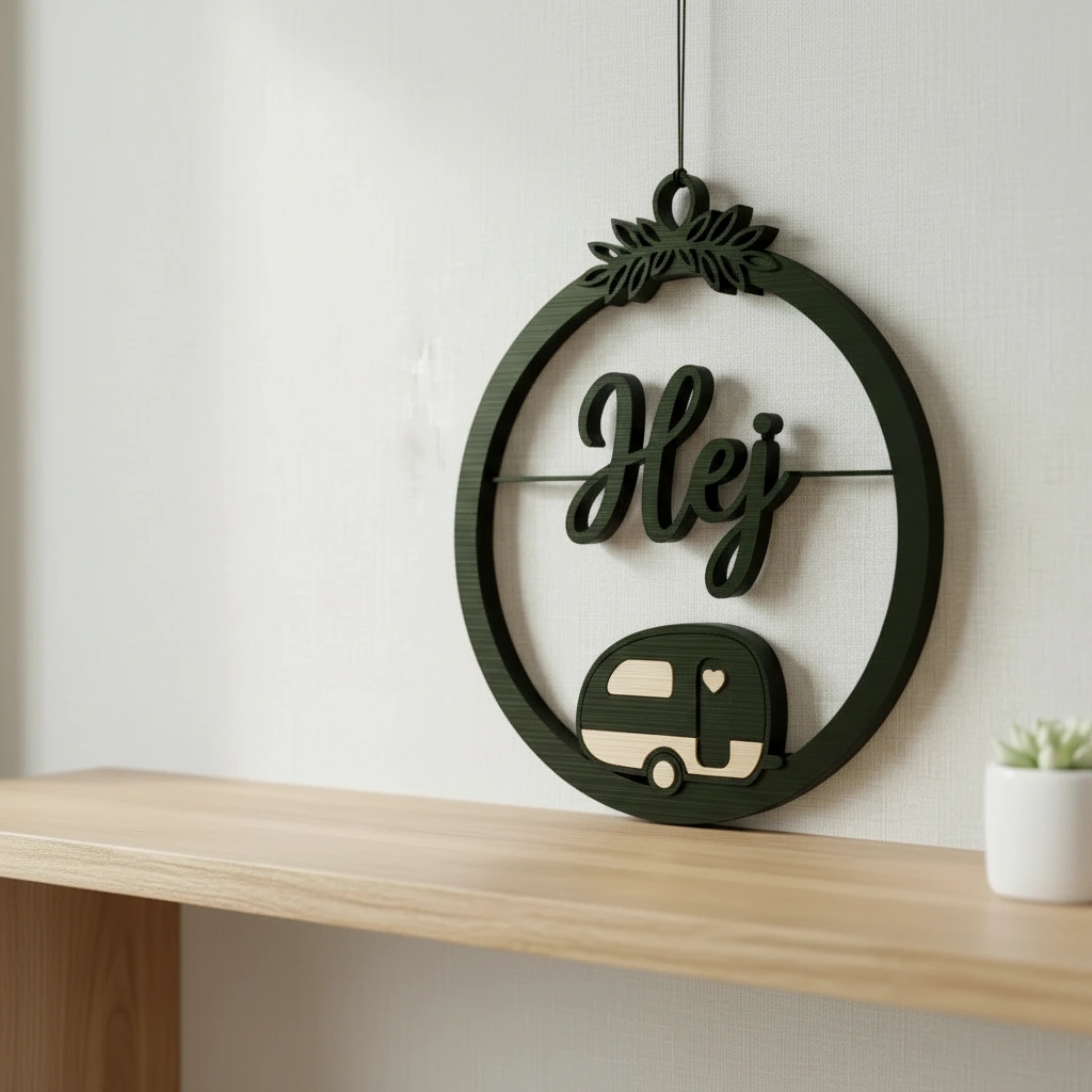 Decor perete Hej cu caravană stilizată și detalii vegetale - culoare Verde, imprimare 3D Vibecraft