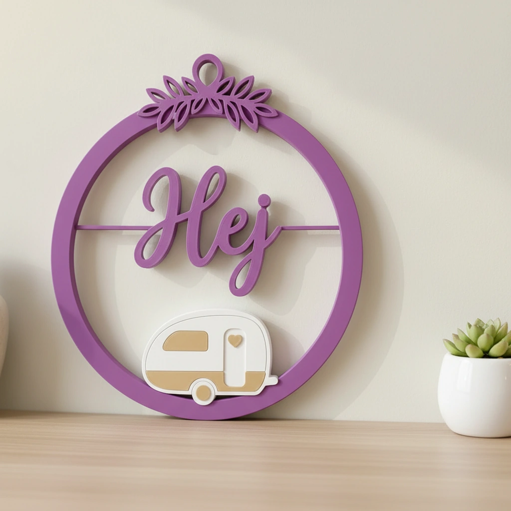Decor perete Hej cu caravană stilizată și detalii vegetale - culoare Mov, imprimare 3D Vibecraft