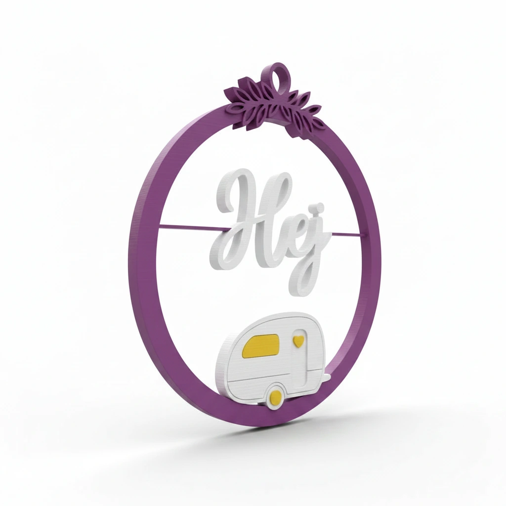 Decor perete Hej cu caravană stilizată și detalii vegetale - culoare Mov, imprimare 3D Vibecraft