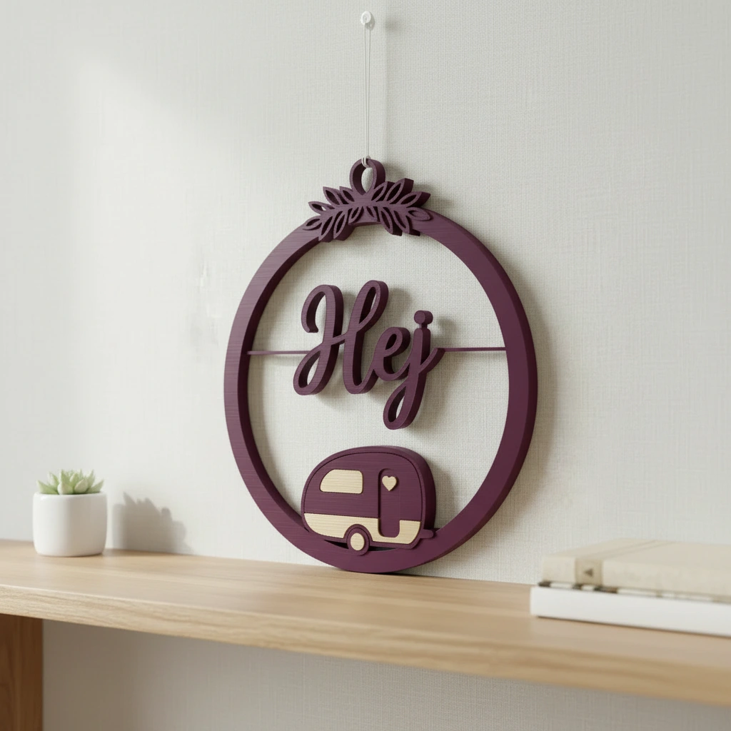 Decor perete Hej cu caravană stilizată și detalii vegetale - culoare Roșu, imprimare 3D Vibecraft