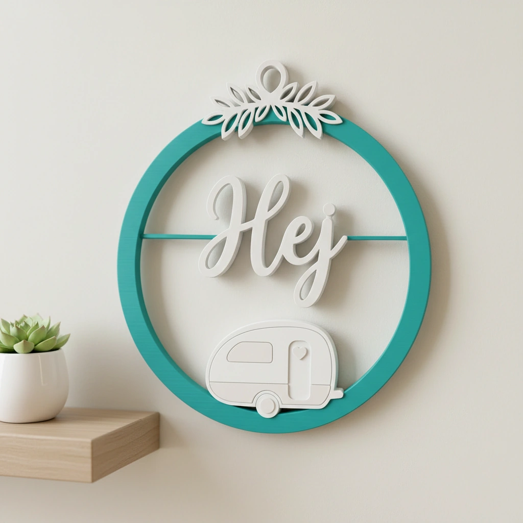 Decor perete Hej cu caravană stilizată și detalii vegetale - culoare Albastru verzui, imprimare 3D Vibecraft