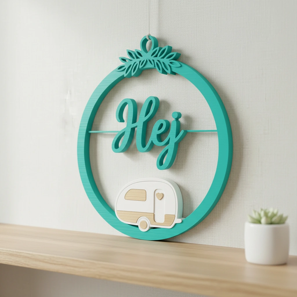 Decor perete Hej cu caravană stilizată și detalii vegetale - culoare Albastru verzui, imprimare 3D Vibecraft