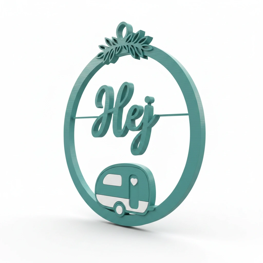 Decor perete Hej cu caravană stilizată și detalii vegetale - culoare Albastru verzui, imprimare 3D Vibecraft