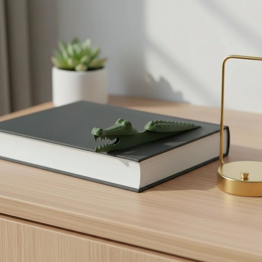 Semn de carte Imprimat 3D Crocodil pentru Lectură - Olive green compozit mat, imprimare 3D Vibecraft