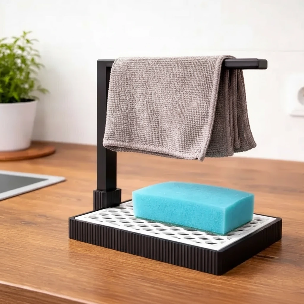 Suport Organizator Bucătărie Modern pentru Bureți și Lavete - culoare Negru, produs imprimat 3D Vibecraft