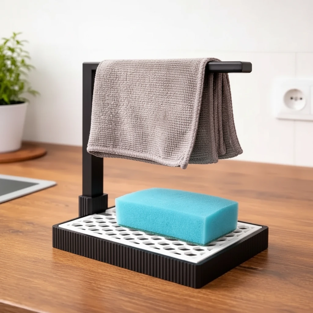 Suport Organizator Bucătărie Modern pentru Bureți și Lavete - culoare Negru, produs imprimat 3D Vibecraft