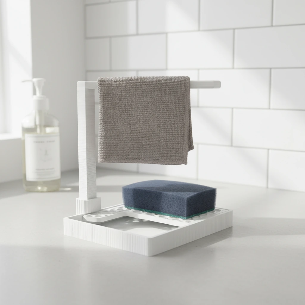 Suport Organizator Bucătărie Modern pentru Bureți și Lavete - culoare Alb, produs imprimat 3D Vibecraft