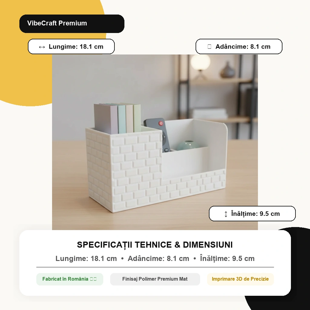 Organizator Birou cu Compartimente pentru Accesorii și Obiecte Mici - dimensiuni produs, produs imprimat 3D Vibecraft